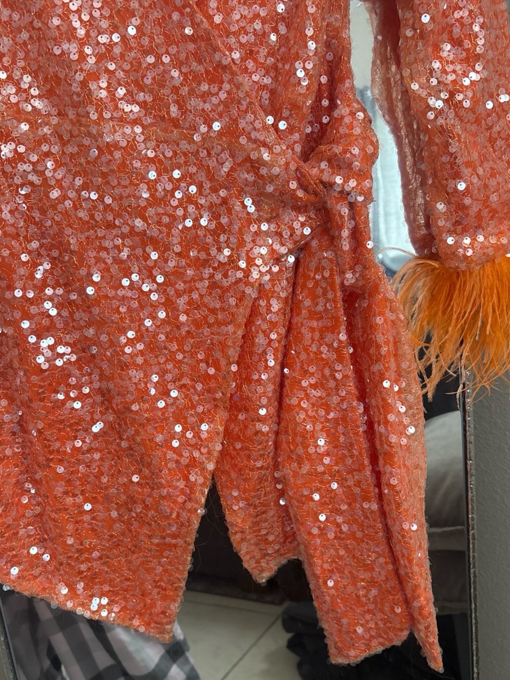 AMYLYN Orange Sequin Wrap Jacket with Feather Cuffs - Picture 4 of 6